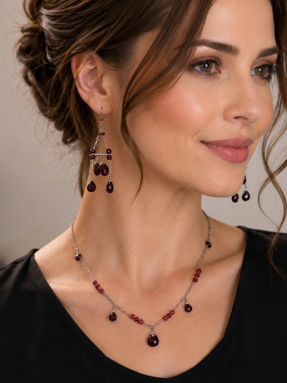 Augusta Garnet Necklace & Chandelier Earring Set